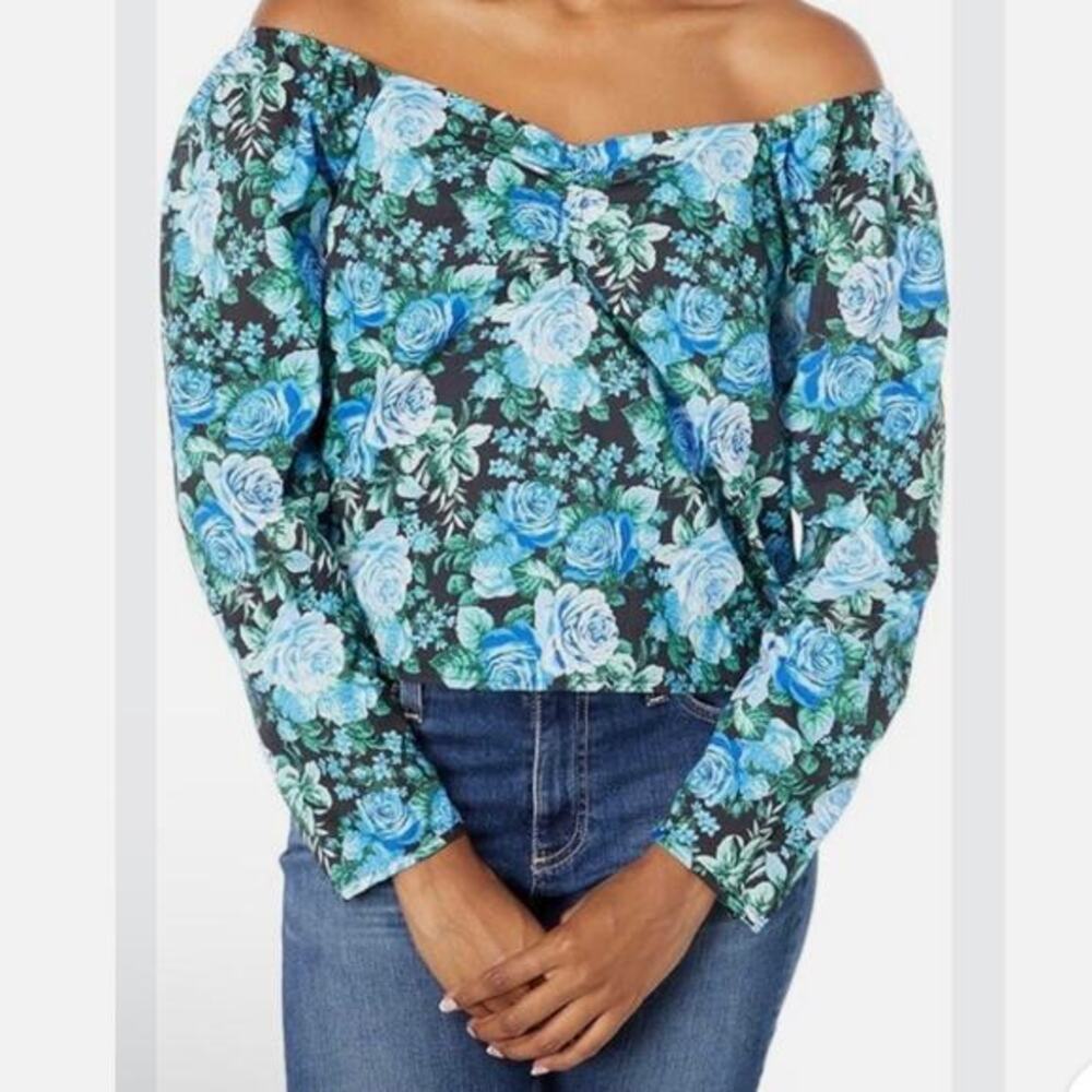 WAYF - Women’s Off the Shoulder Long Sleeve Top - Blue Floral -‎ Size S